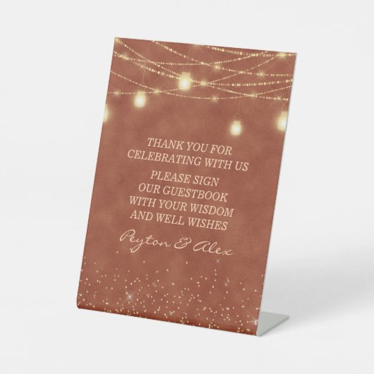 Terracotta Gold Glitter Lights Wedding Guestbook Reclamebord Met Voetstuk (Voorkant)