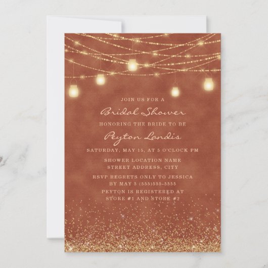 Terracotta Gold Glitter String Light Vrijgezellenf Kaart (Voorkant)