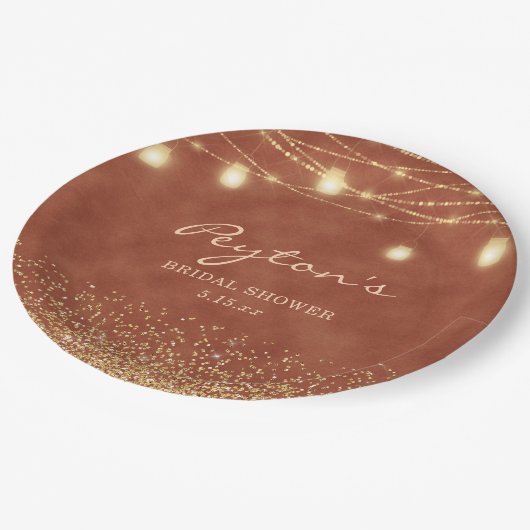 Terracotta Gold Glitter String Light Vrijgezellenf Papieren Bordje (Gekanteld)