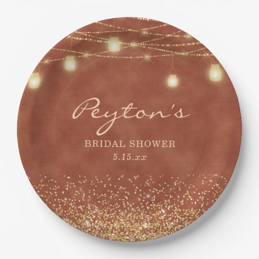 Terracotta Gold Glitter String Light Vrijgezellenf Papieren Bordje (Voorkant)