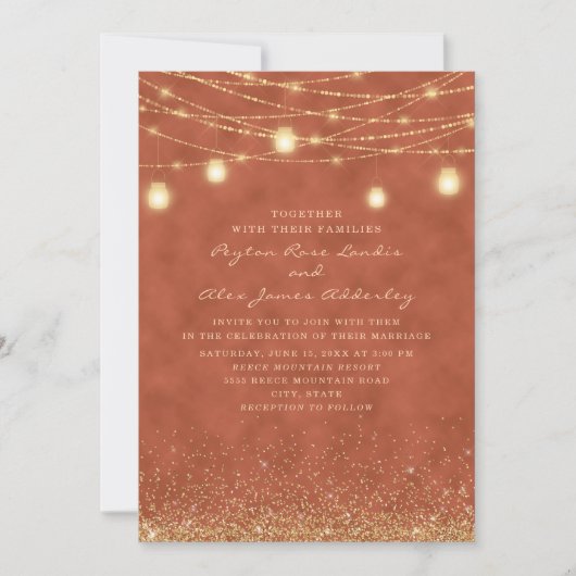 Terracotta Gold Glitter String Light Wedding Kaart (Voorkant)