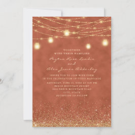 Terracotta Gold Glitter String Light Wedding Kaart