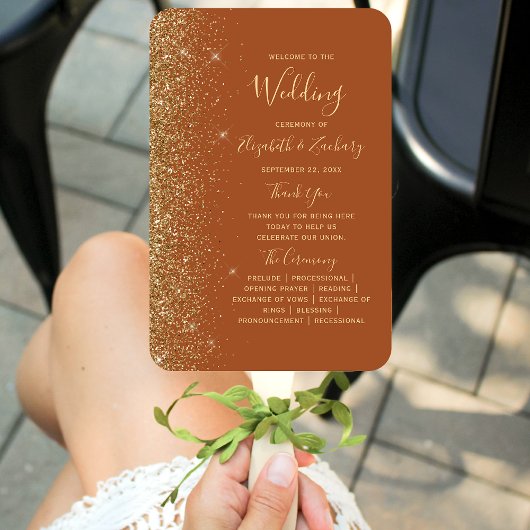 Terracotta Gold Glitter Wedding Programma Handwaaier
