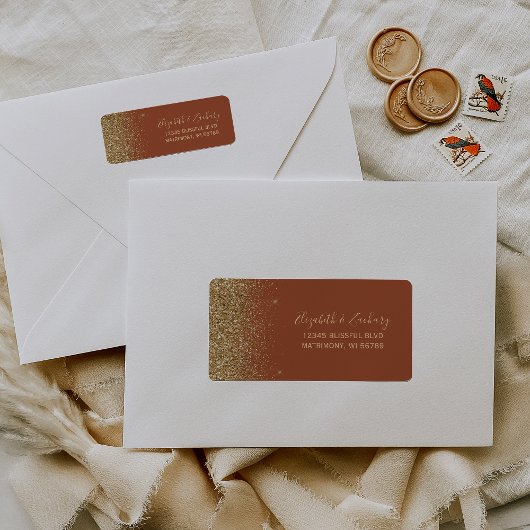 Terracotta Gold Glitter Wedding Return-adres Etiket