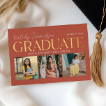 Terracotta Gold Graduate Photo Collage Grad Party Folie Uitnodiging<br><div class="desc">Celebrate your graduate with this bold and vibrant graduation party invitation featuring "Graduate" in gold foil alongside a three-photo collage on a warm terracotta background. The back displays "Grad Party" event details in coordinating terracotta serif and script typography on white. All text is fully customizable, including the graduate's name, school,...</div>
