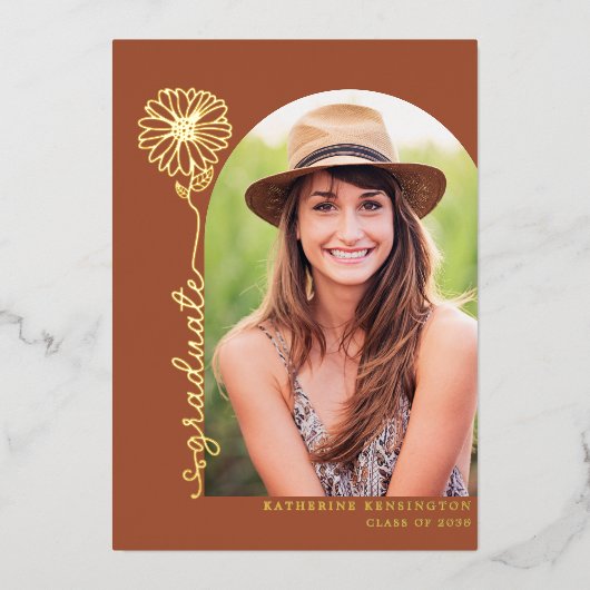 Terracotta Gold Handwrited Photo Afstuderen Folie Uitnodiging (Voorkant)