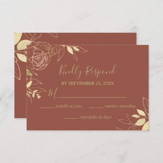 Terracotta & Gold Peony Floral Wedding RSVP Kaartje (Voorkant / Achterkant)