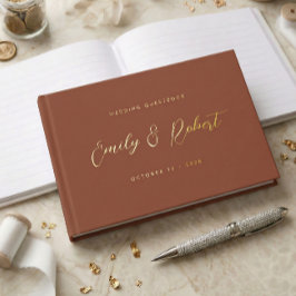 Terracotta Gold Script Moderne foto bruiloft Gastenboek