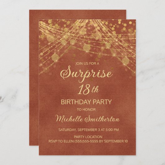 Terracotta Gold String Lights Surprise 18th Kaart (Voorkant / Achterkant)
