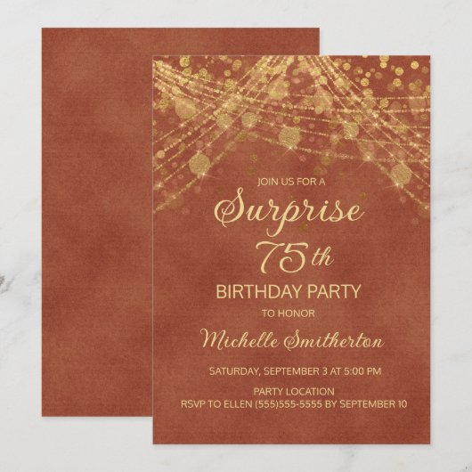 Terracotta Gold String Lights Surprise 75th Kaart (Voorkant / Achterkant)