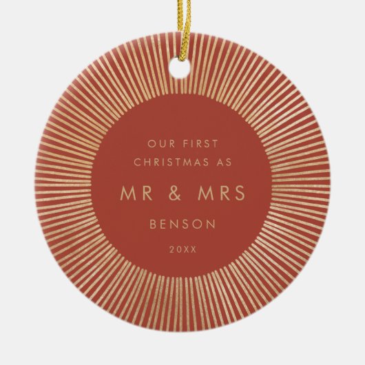 Terracotta Gold Sunburst Art Deco Eerste Kerstdag Keramisch Ornament (Voorkant)