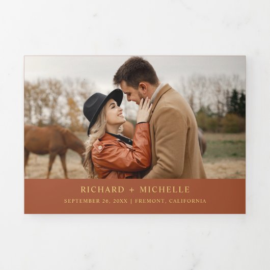 Terracotta Gold World Map All in One Wedding Drieluik Uitnodiging (Cover)