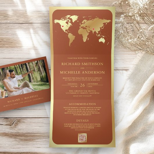 Terracotta Gold World Map QR Code Photo Wedding Drieluik Uitnodiging