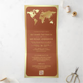 Terracotta Gold World Map QR Code Photo Wedding Drieluik Uitnodiging (Binnen)