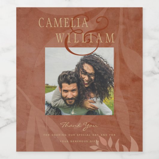 Terracotta Goud Herfst Bruiloft Bladeren Modern Wijn Etiket (Enkel label)