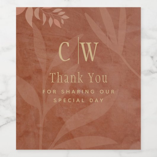 Terracotta Goud Herfst Bruiloft Bladeren Modern Wijn Etiket (Enkel label)