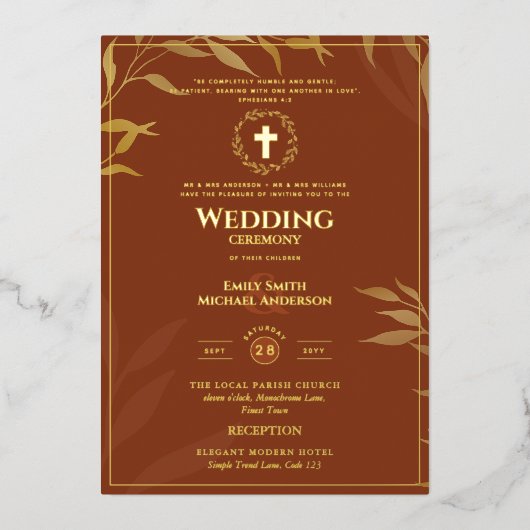 Terracotta Goud Katholieke Trouw Elegant Formeel Folie Uitnodiging (Voorkant)