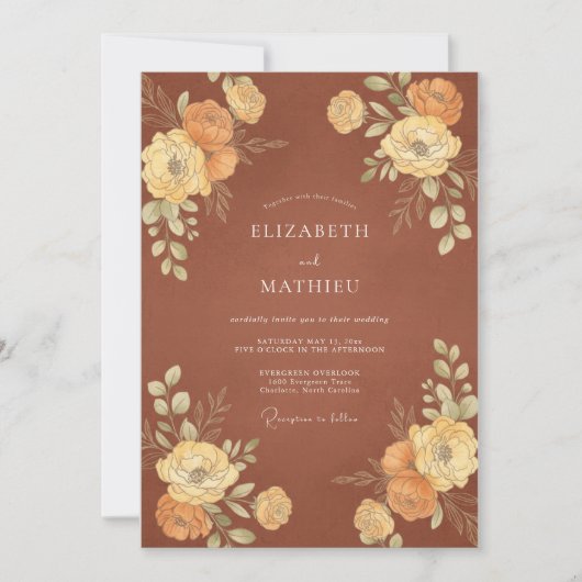 Terracotta Gouden Ranunculus Eucalyptus Bruiloft Kaart (Voorkant)