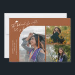 Terracotta Graduate She Believed Multi Photo Aankondiging<br><div class="desc">Modern and whimsical graduation announcement photo card featuring 3 photos on the front and 1 on the back. The text says "She believed she could so she did" with twinkling stars. Add the graduate's name,  information,  and message to personalize this card. Terracotta.</div>