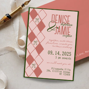Terracotta & Green Argyle Bow Preppy Fall Wedding Kaart