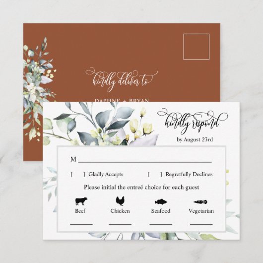 Terracotta Greenery Response Kaart 4 maaltijdkeuze (Voorkant / Achterkant)