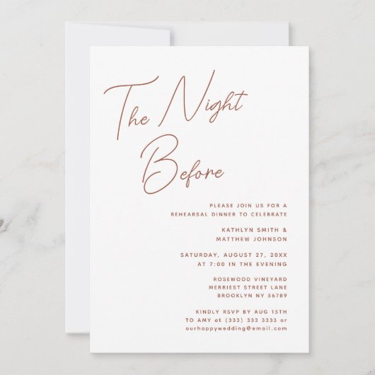 Terracotta grillig script chic de avond ervoor kaart (Voorkant)