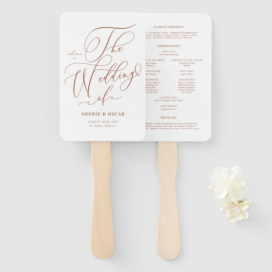 Terracotta grillige kalligrafie huwelijksprogramma handwaaier (Voorkant en achterkant)