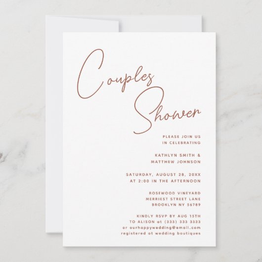 terracotta grillige script chique koppels douche kaart (Voorkant)