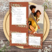 Terracotta groen alles in één foto bruiloft kaart