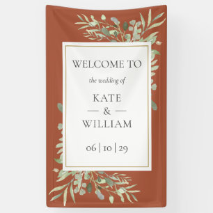 Terracotta groen botanische bruiloft welkom teken spandoek