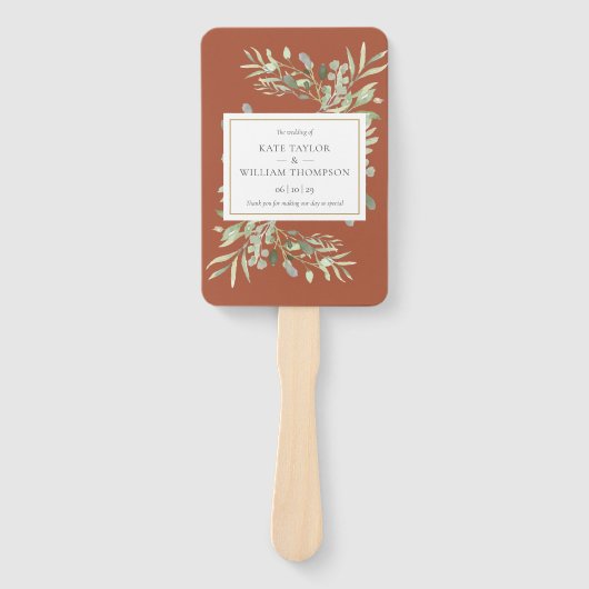Terracotta groen bruiloft programma hand fan handwaaier (Voorkant)