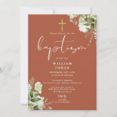 Terracotta groen Floral Monogram doop Kaart (Voorkant)