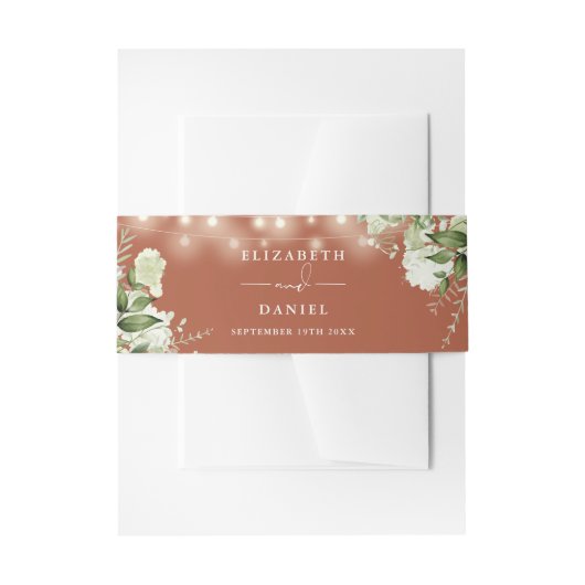 Terracotta groene slingerlichten bruiloft uitnodigingen wikkel (Voorkant Voorbeeld)