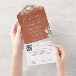 Terracotta groene slingerlichten QR-code bruiloft All In One Uitnodiging