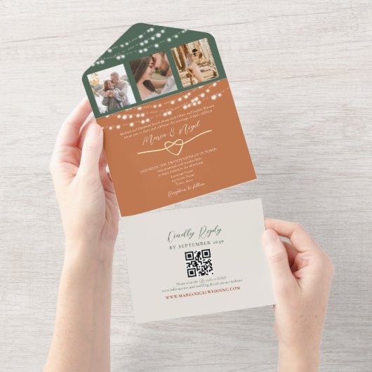 Terracotta Groene Strijklichten Huwelijk QR Code All In One Uitnodiging (Afscheurbaar)