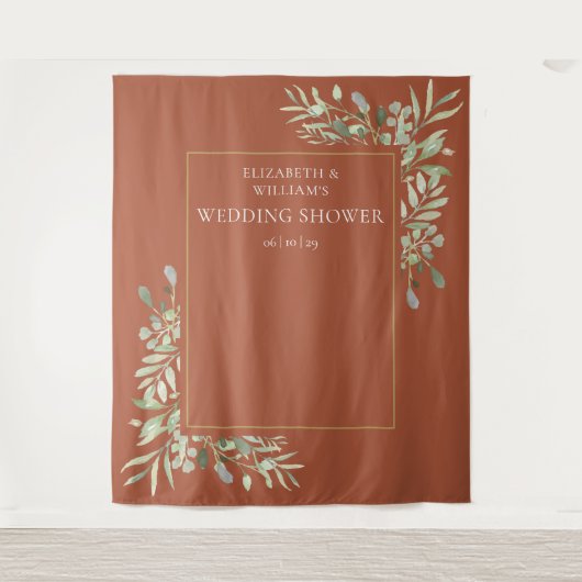 Terracotta groene trouwfeest fotobackdrop wandkleed (Voorkant)