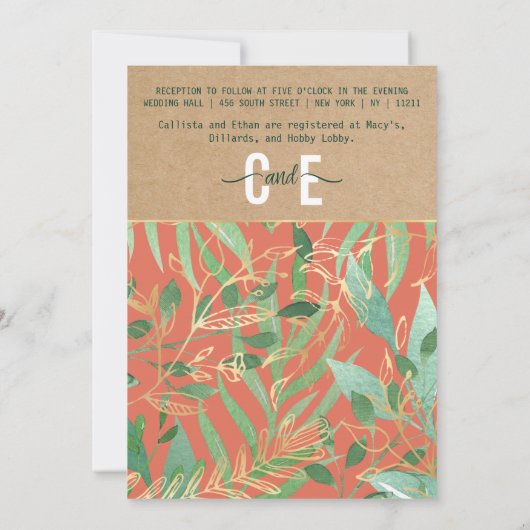 Terracotta groene Waterverf verlaat Kraft Wedding Kaart (Achterkant)