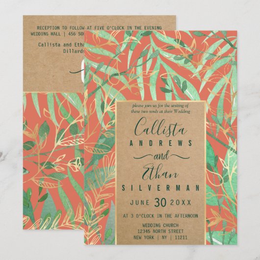 Terracotta groene Waterverf verlaat Kraft Wedding Kaart (Voorkant / Achterkant)