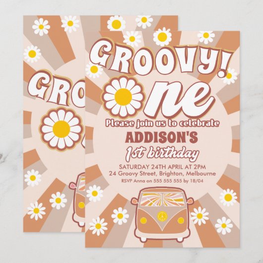 Terracotta Groovy One Retro 1ste verjaardag Kaart (Voorkant / Achterkant)