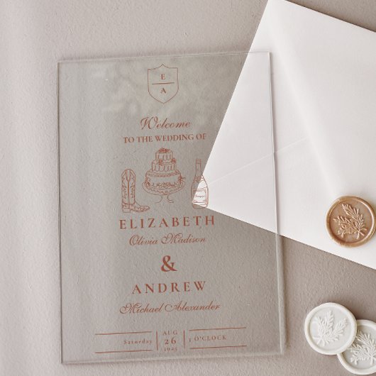 Terracotta Hand getekend Funky Western Doodle Wedd Acryl Uitnodigingen