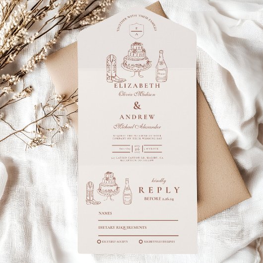 Terracotta Hand getekend Funky Western Doodle Wedd All In One Uitnodiging