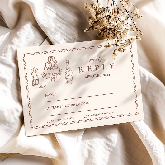 Terracotta Hand getekend Funky Western Doodle Wedd RSVP Kaartje