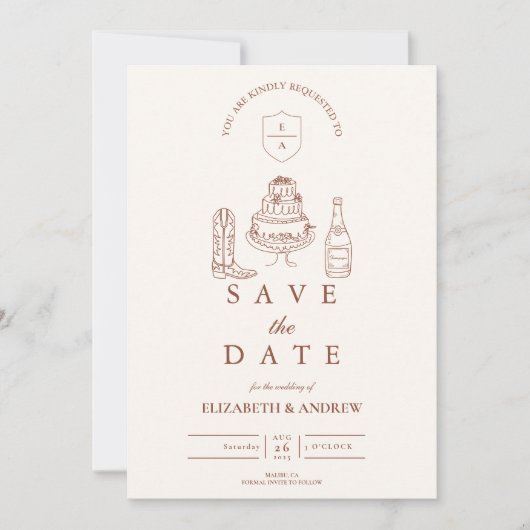 Terracotta Hand getekend Funky Western Doodle Wedd Save The Date (Voorkant)