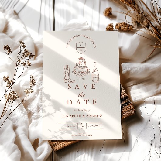Terracotta Hand Getekende Funky Western Doodle Bru Save The Date