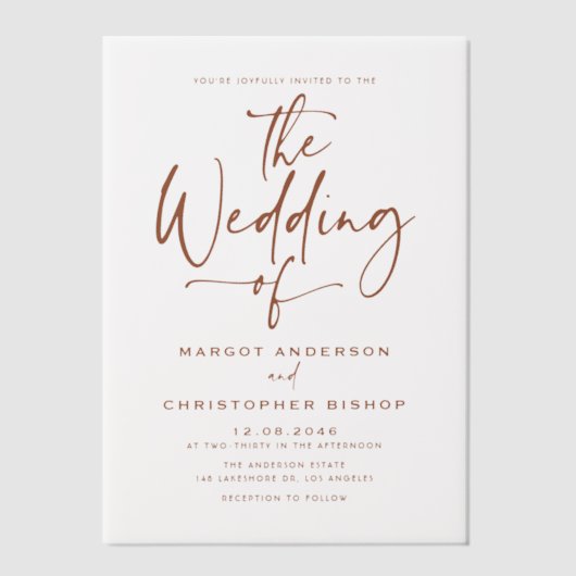 Terracotta Hand Lettered Calligraphy Wedding Vellum Uitnodigingen (Voorkant)