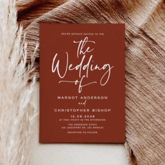 Terracotta handgeschreven kalligrafie bruiloft kaart
