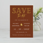 Terracotta handgeschreven script foto save the dat folie uitnodiging (Staand Voorkant)