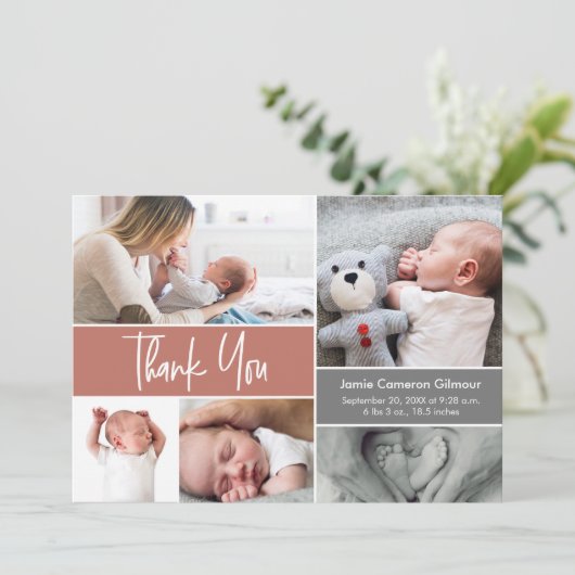Terracotta Handlettering Fotocollage Baby shower Bedankkaart (Staand voorkant)