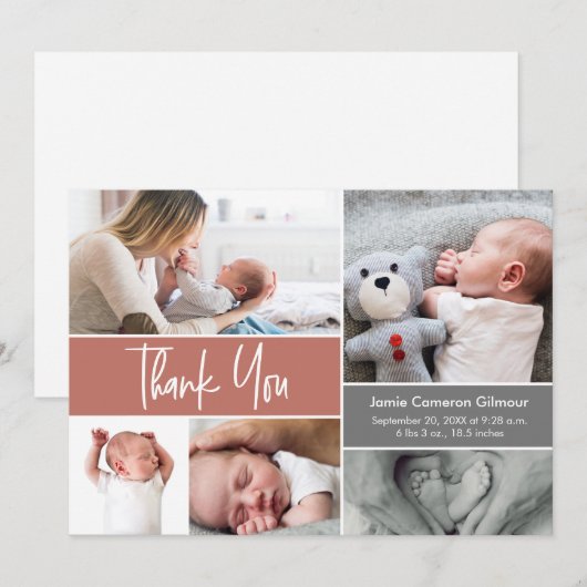 Terracotta Handlettering Fotocollage Baby shower Bedankkaart (Voorkant / Achterkant)