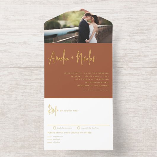 Terracotta Handwriting Typography Photo Wedding All In One Uitnodiging (Binnenkant)